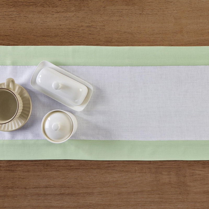 Contempo - 100% Pure Linen Table Runner, 72" x 14", Light Green/White