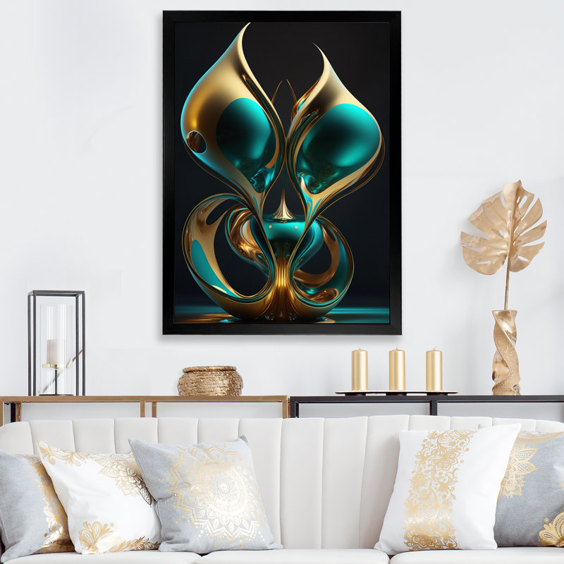 Rhyth of Infinity 3D Turquoise Gold Sphere I - Abstract Fractal, art mural, H 32 po x l 16 po x P 1 po, Cadre simple noir