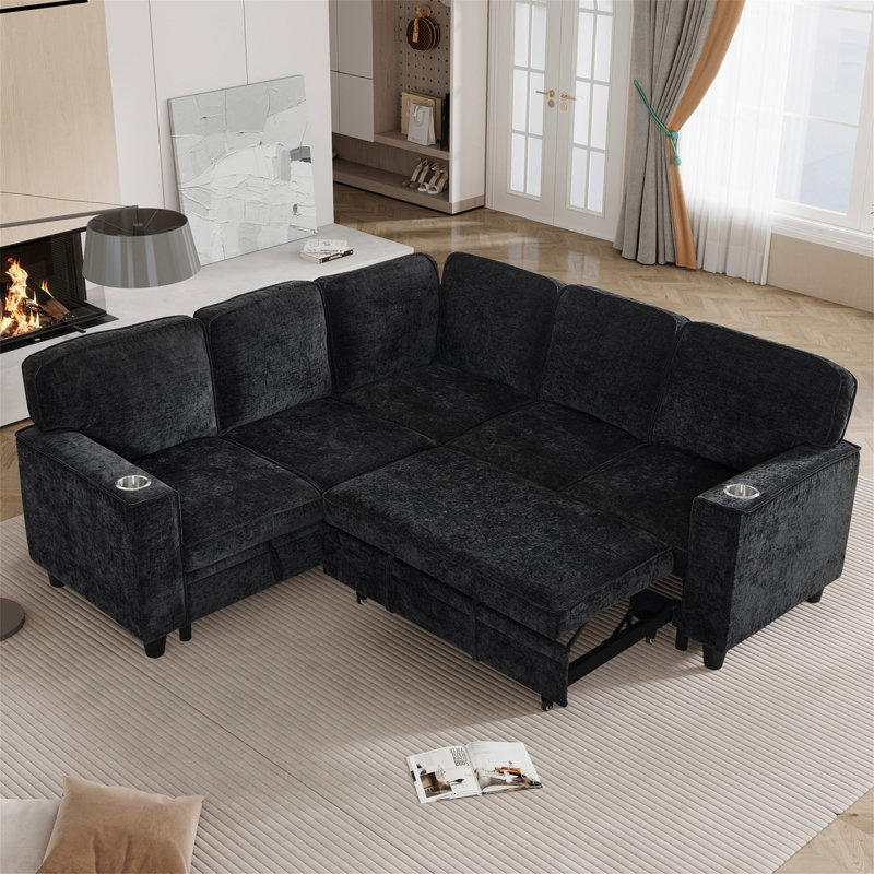 L-Shaped Sofa With Pull Out Sofa Bed, Charcoal Gray Chenille