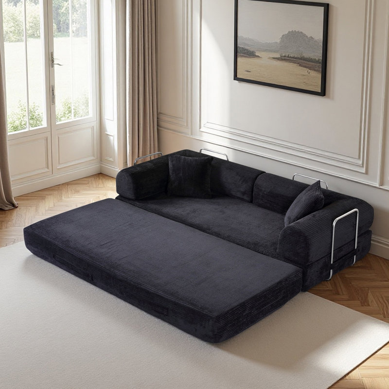 Canapé-lit convertible noir 77,91 po avec oreiller cylindrique et canapé-lit pliant en velours côtelé avec structure de forme fixe