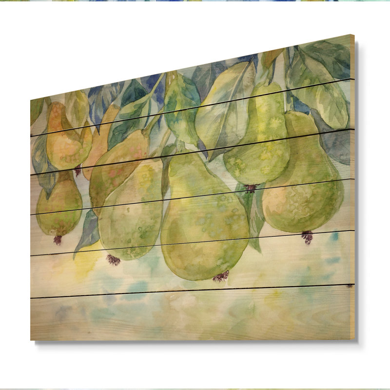 Poire jaune dans un jardin fleuri - décoration murale traditionnelle en bois, H 30 po x l 40 po x P 1 po