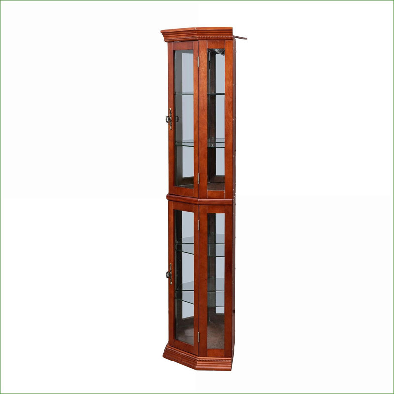 Cabinets, Lighted Corner Curio with Adjustable Tempered Glass Shelves, Mirrored Back, Walnut Brown | Traditional | Corner of a Room