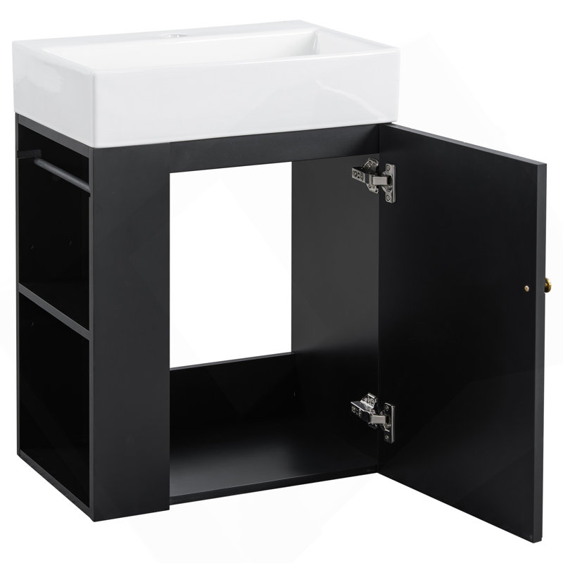 Meuble-lavabo de 20 po avec lavabo en céramique, porte à motif de losanges, poignées dorées et tablettes de rangement latérales - petit cabinet moderne avec barre à serviettes, fabrication en panneau de fibres à densité moyenne, assemblage requis