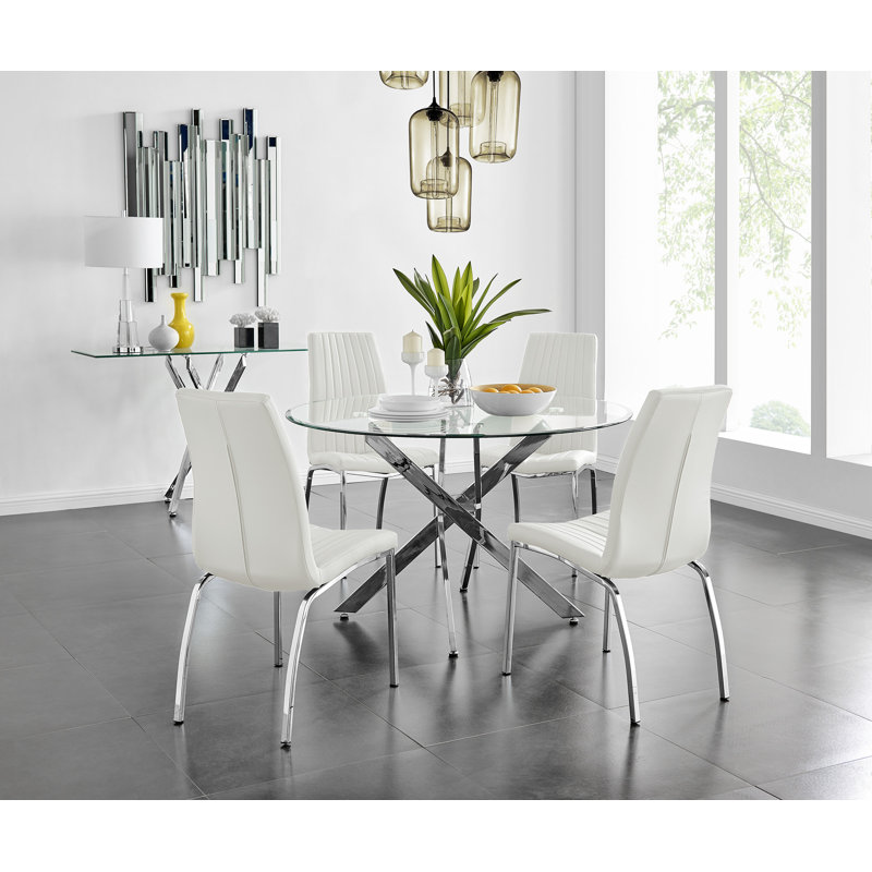 Tierra Sleek Metal and Glass Round Dining Table Set with 4 Faux Leather Upholstered Dining Chairs, White