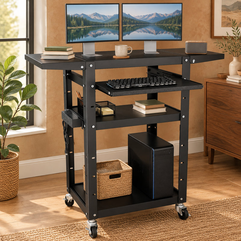 Height-Adjustable Mobile AV and Computer Cart with a Pullout Keyboard Tray, 4 Wheels, and 4 Power Outlets for Home or Office Use