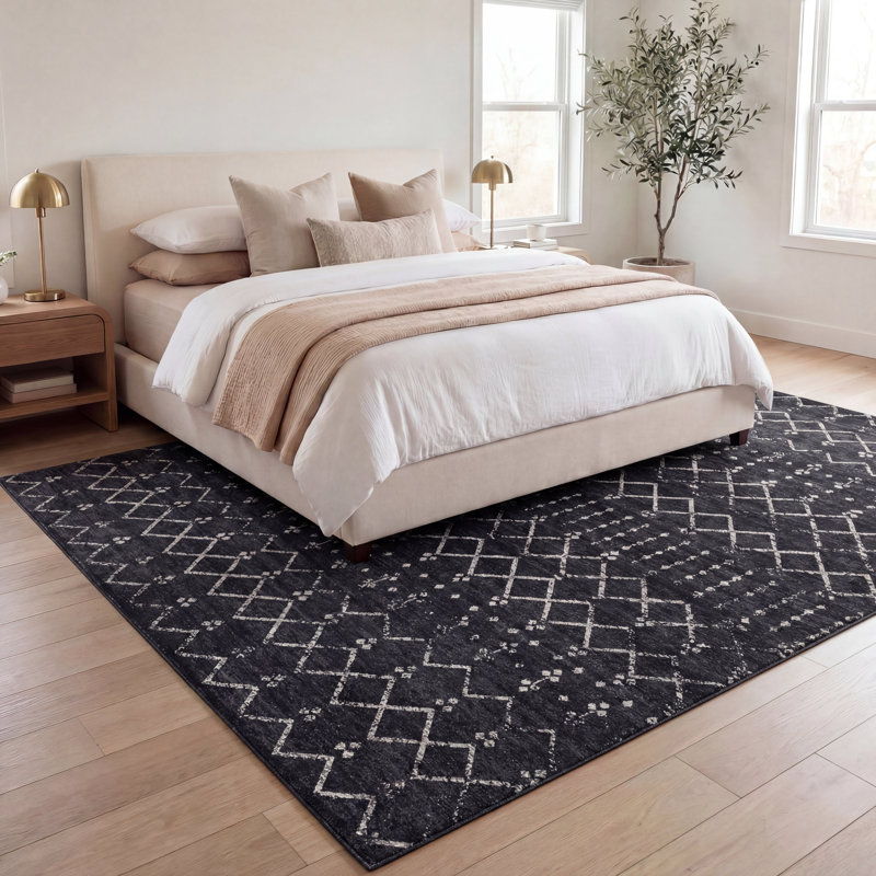 Leila Moroccan Diamond Trellis Machine-Washable Rug, Dark Gray/Ivory, Rectangle 3' x 5'