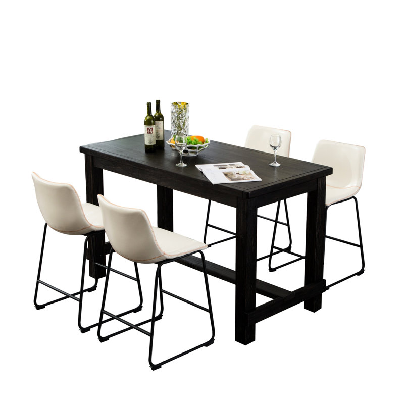 Table de salle à manger à hauteur de comptoir avec quatre chaises en bois antique rectangulaire et 4 pièces, Blanc/Noir