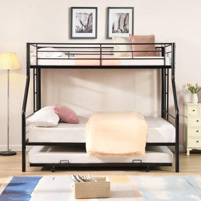 Twin Over Full Black Metal Bunk Bed With Trundle, Non-Convertible Stacked Design, Dual Ladders & Full Safety Guardrails, No Box Spring Needed, 13-Inch Under-Bed Storage For Kids Bedrooms & Guest Rooms