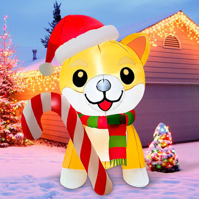 5 FT Christmas Inflatable Dog Wearing Santa Hat with Built-in LEDs