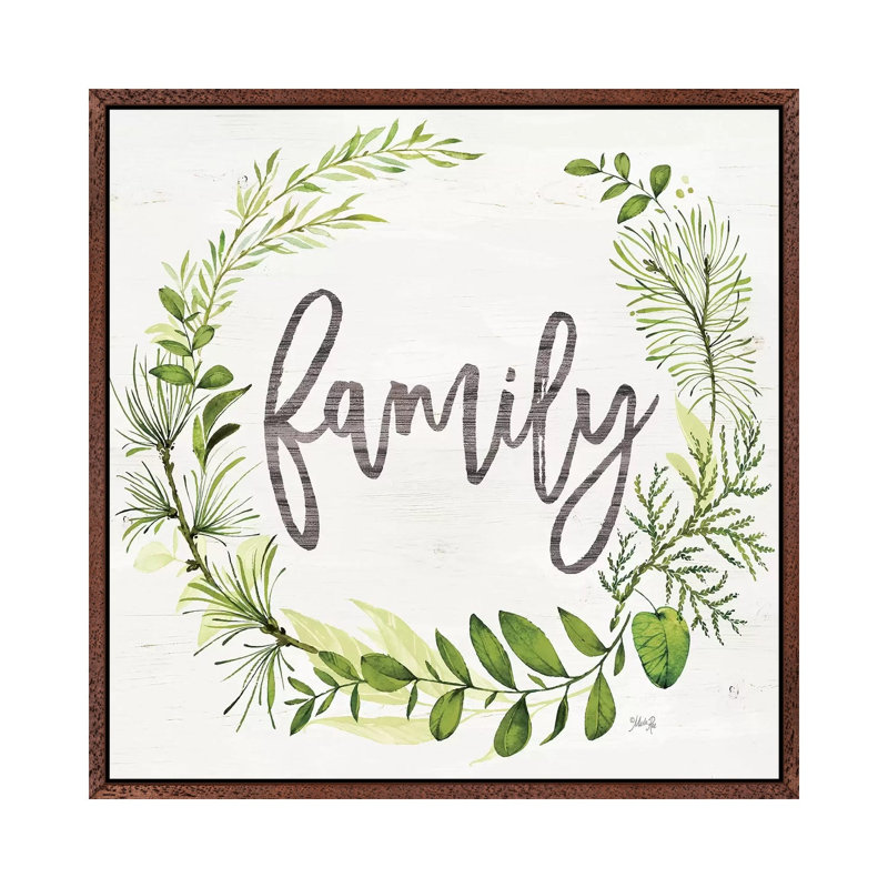 Family Greenery Wreath 1 Piece Wall Art on Canvas, 45.72cm H x 45.72cm W x 3.81cm D, Classic Brown Wood Floater Framed