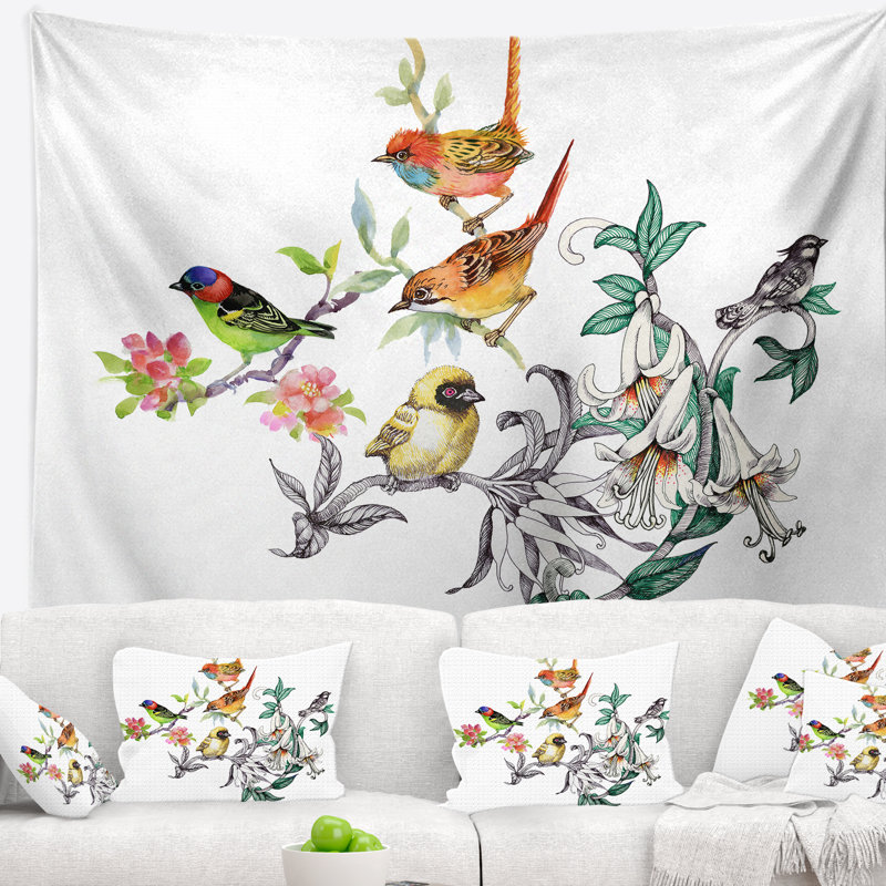 Tapisserie fleurs tropicales et oiseaux, H 32 po x l 39 po