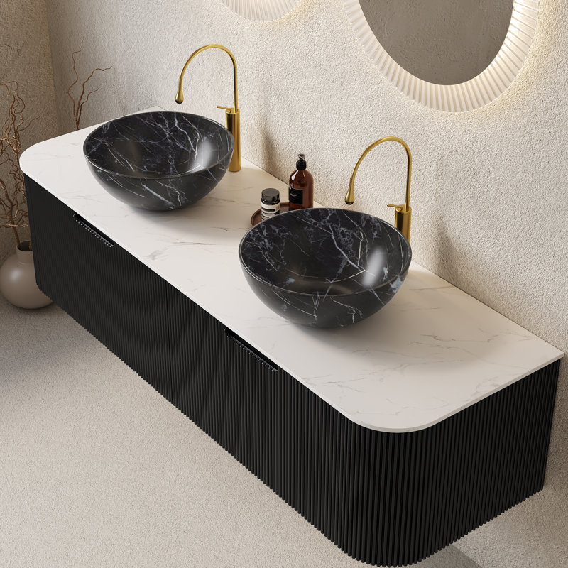 60" Wall-Mounted Double Sink Bathroom Vanity With Black Ceramic Bowls, Matte 3D Panel, Soft-Close Drawers – Pre-Assembled
