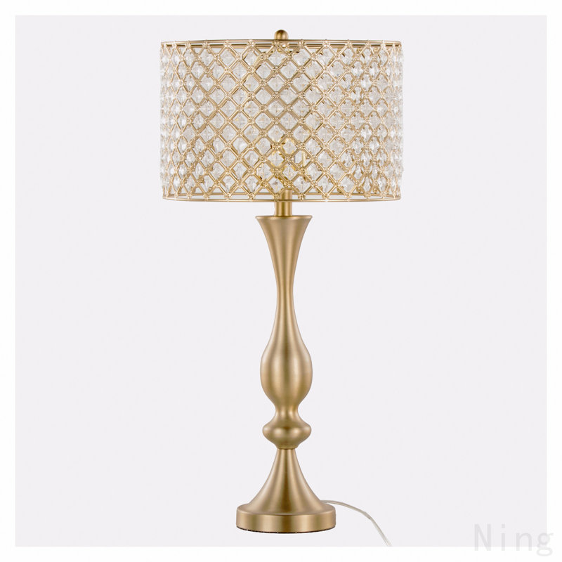 Lampe de table 27 "en métal doré avec cristal K9 transparent et abat-jour en métal, Doré