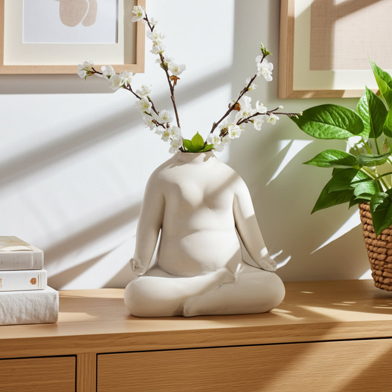 Vase Stoneware Ceramic Boho Meditative Figure Design 8 Inch Ivory Home Decor For Living Room Office Bedroom Tabletop Buddha-Style Yoga Inspired Sculptural Accent Piece.