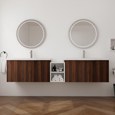 Meuble-lavabo double 84 po avec plateau en résine Hindrike, meuble-lavabo mural 4 portes et 1 tablette réglable