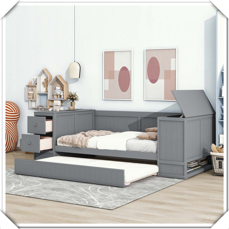 Daybed Storage Arms Trundle Charging Station Versatile Practical Design,Twin, Gray