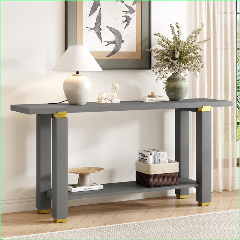 Table basse moderne minimaliste avec pieds en pin massif - plateau en panneau de fibres à densité moyenne, tablette de rangement inférieure pour le salon / couloir, assemblage facile