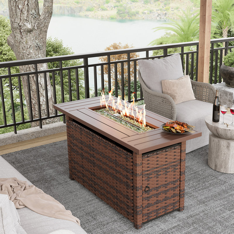 44" Propane Fire Pit Table, 2-in-1 Outdoor Gas Fire Pit with Lid, 50,000 BTU, CSA Certified, Rattan & Woodgrain Design, Brown