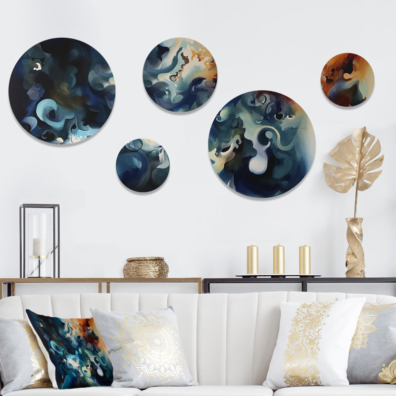 Ensemble de 5 décorations murales à encre liquide en marbre bleu et orange I
