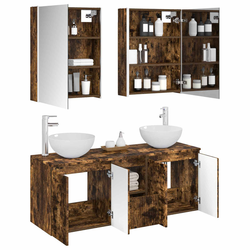Vanity & Mirror Set, Smoked Oak