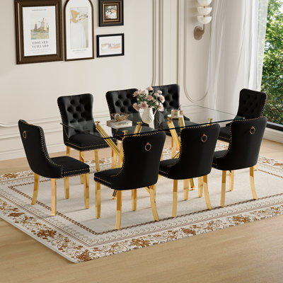 71" Dining Table Set, Modern Dining Table Set With Tempered Glass Tabletop, Velvet Chairs & Gold Metal Legs