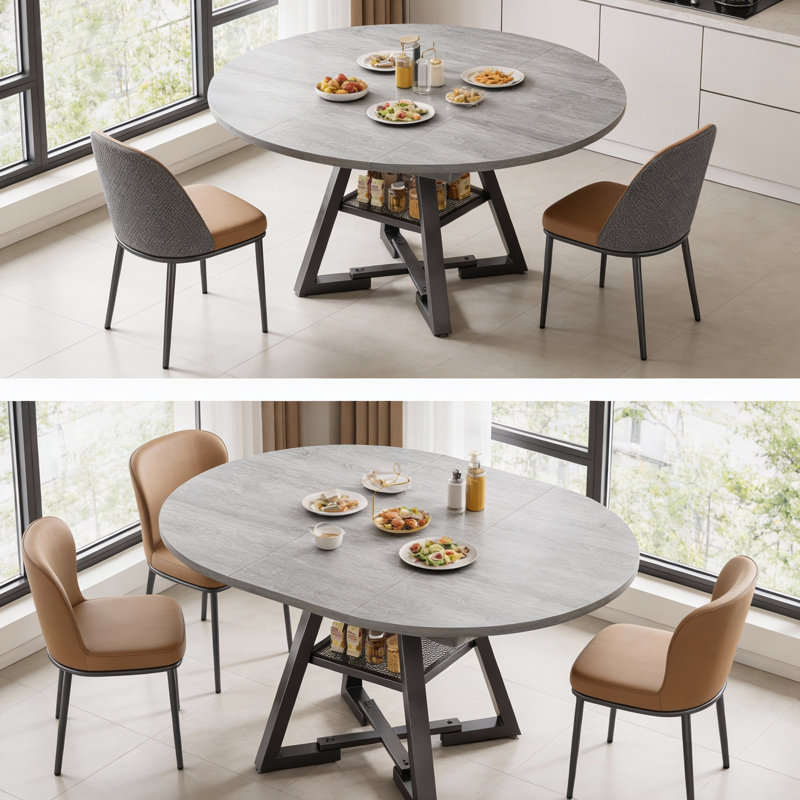 Table de salle à manger extensible de 47 à 61 po pour 4 à 8 personnes, table de cuisine industrielle ronde ou ovale avec tablette de rangement cachée, base piédestal compacte pour petit appartement et salon