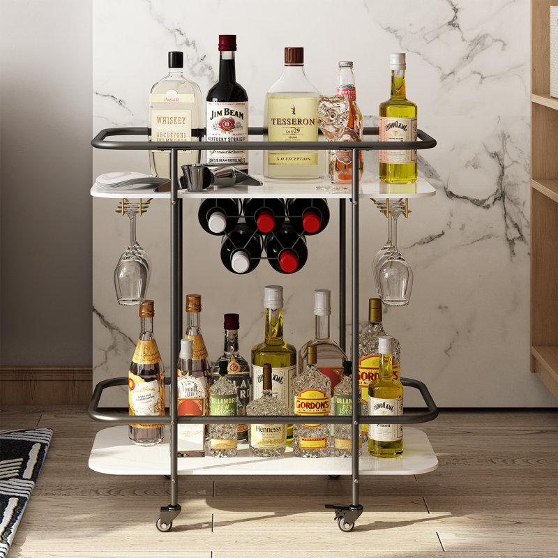 Chariot-bar avec support en verre, support à vin, Noir, noir, noir, noir