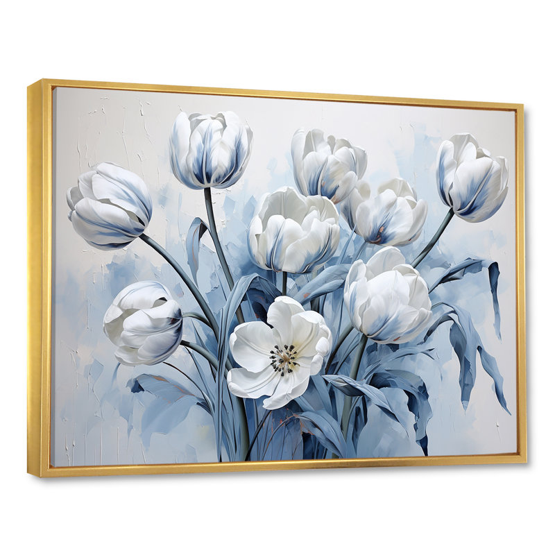 Minimalisme, tulipes bleues et blanches, coup de pinceau sur toile, Cadre flottant doré, H 12 po x l 20 po x P 1 po