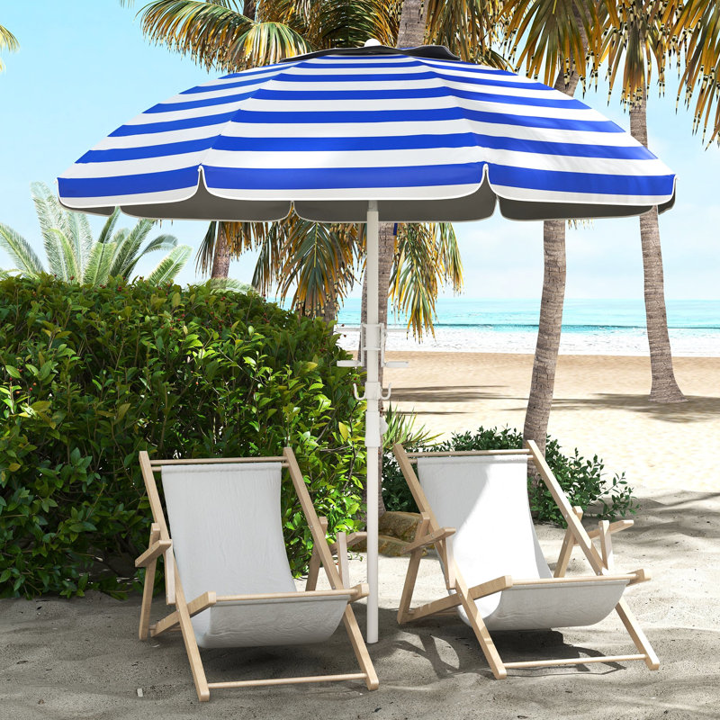 Parasol portatif de 40 ans et plus, système réglable et inclinable, auvent protégé, 2 crochets pour porte-gobelets, rayure bleue et blanche ventilée en hauteur et inclinable, protection, abat-jour
