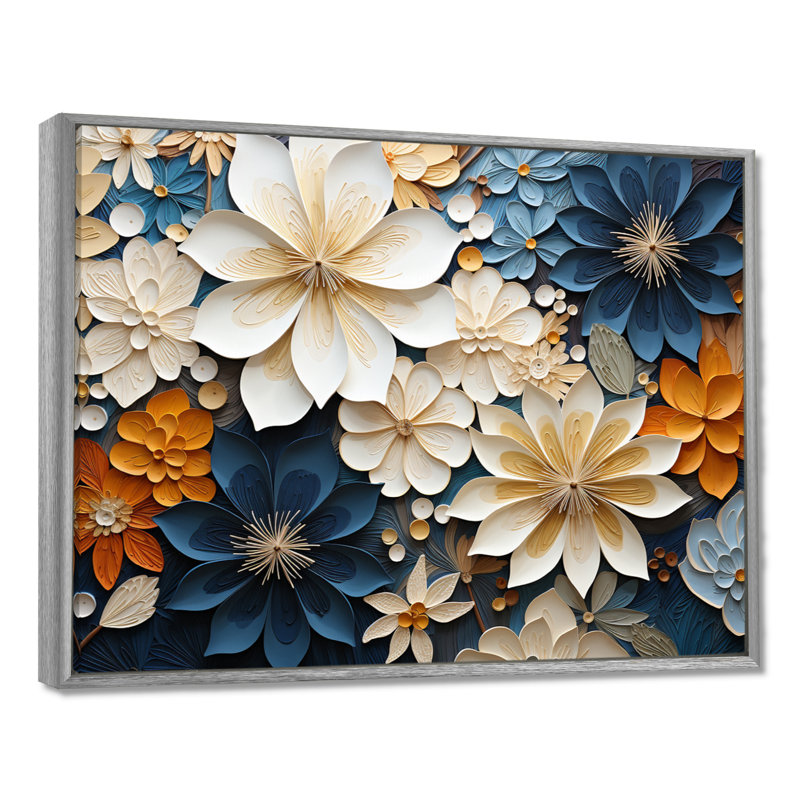 «White Blue Petal Mosaics - Abstract Botanicals», impressions encadrées, H 24 po x l 32 po x P 1 po, Encadrement argenté