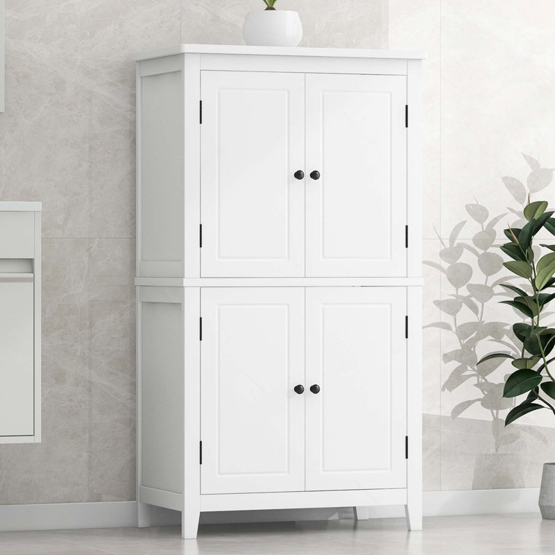 Elegant Freestanding Bathroom Floor Storage Cabinet With 4 Doors & Adjustable Shelves, White