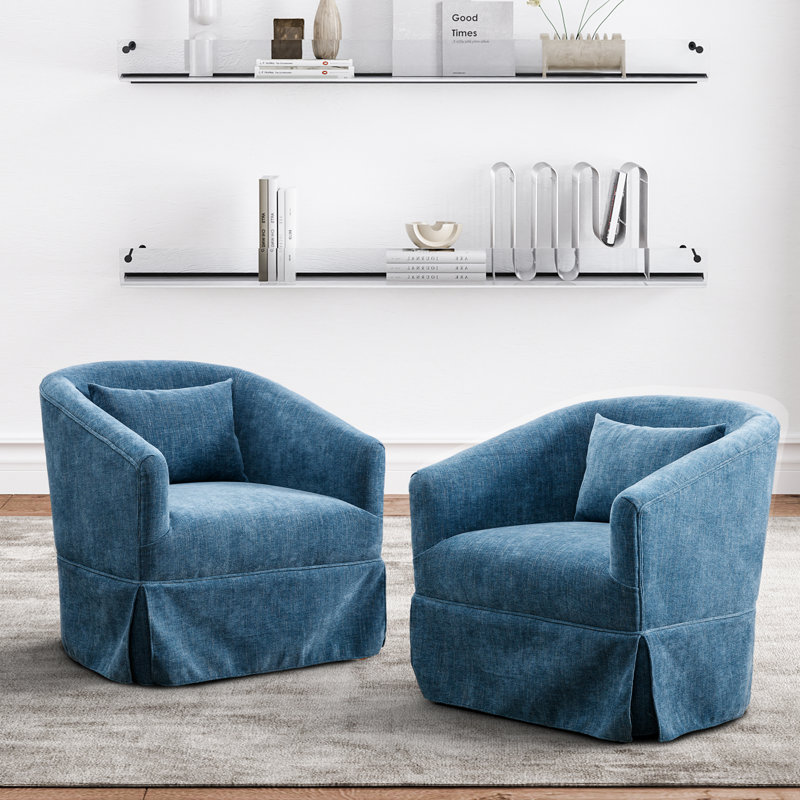 Blue Linen Swivel Barrel Chair Set with Lumbar Pillow