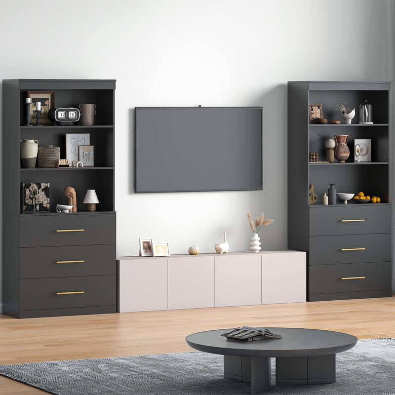 71" Tall Bookshelf With 3 Drawers And Open Shelves, Black