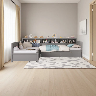 Twin Size Day Bed For 2, L- Shape Twin Size Bed Frame With Storage 3 Drawers, Wooden Corner Bed With Bookshelf, Corner Bed Frame For Bedroom, Living R by Harriet Bee