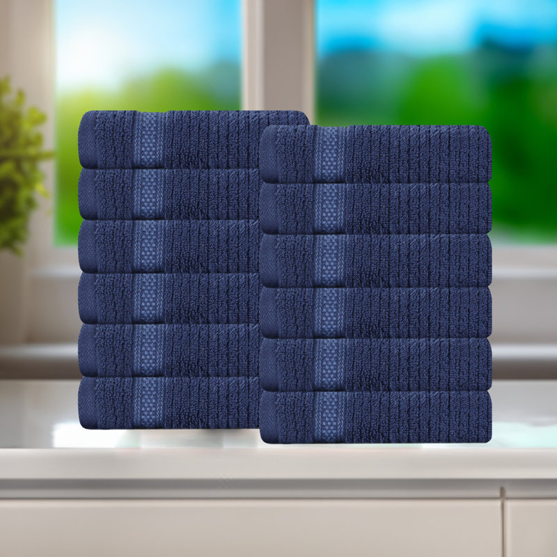 Amanita Zero Twist Cotton Ribbed Modern Geometric Border Soft Face Towel/Washcloth Set, Navy Blue