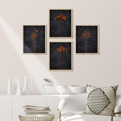 Moody Floral Orange foncé encadré sur papier, impression de 4 pièces