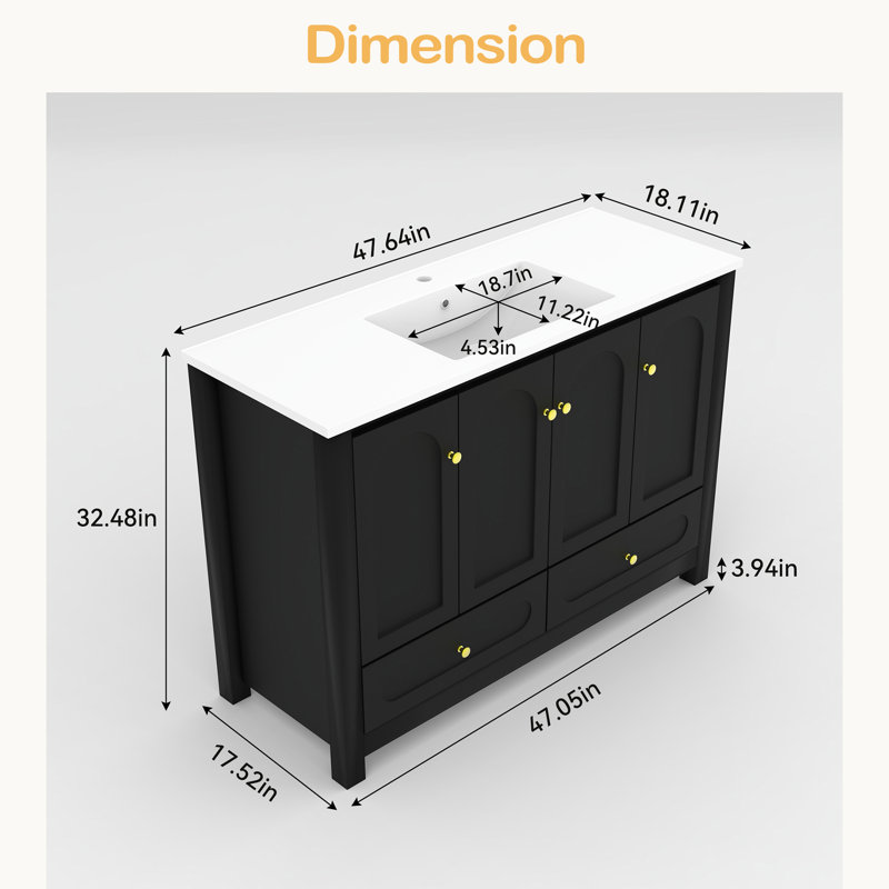 Meuble-lavabo de salle de bain avec lavabo en résine, armoire de rangement abondante - 4 portes à fermeture douce et 2 tiroirs, structure robuste