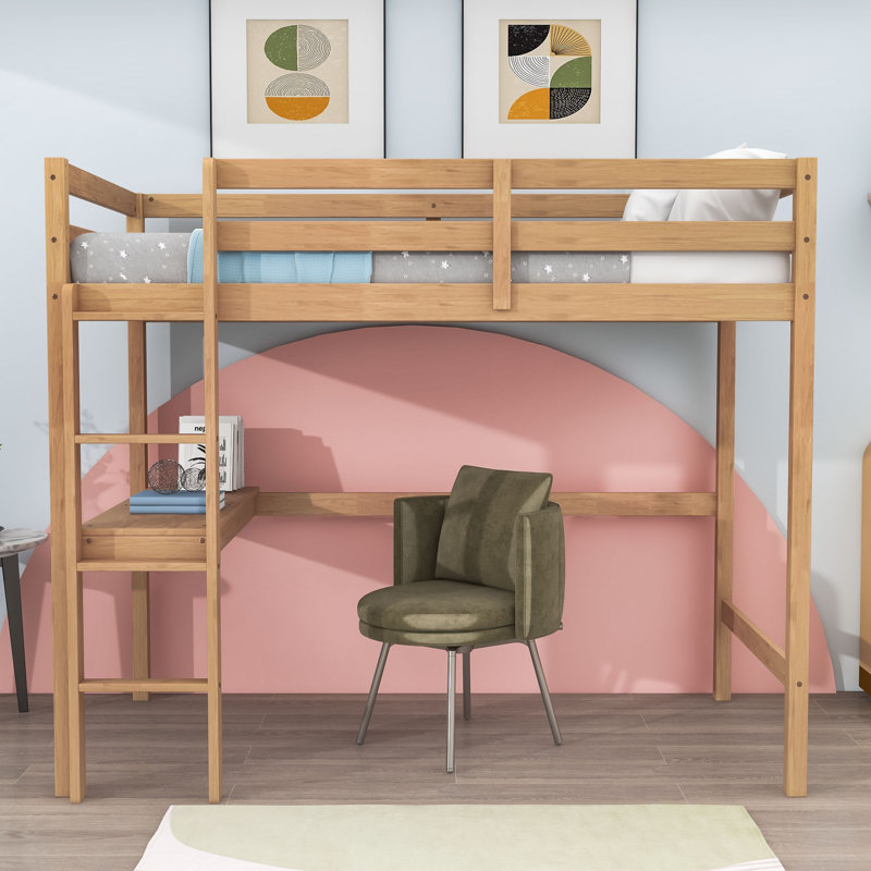 Twin Wood Loft Bed With Guardrail And Built-In Desk, White Oak