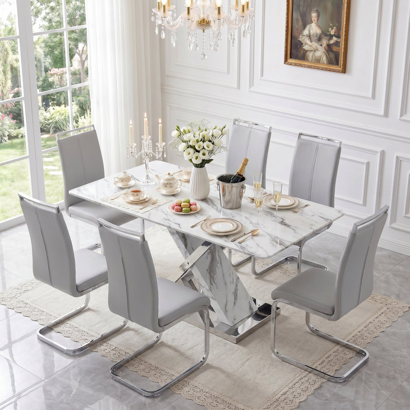 7-Piece Modern Rectangular Faux Marble Dining Set with Cantilever Chairs, Light Gray
