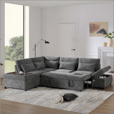Canapé-lit modulaire avec canapé-lit, en forme de L avec accoudoirs réglables, charge USB et de type C, repose-pieds avec rangement à mouvement libre, combinaison gratuite pour le salon et l’appartement, chenille