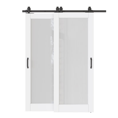 56 x 96 Bypass Barn Door-White Primed 1-Lite Frosted Glass Sliding Barn Door With Installation Hardware Kit/No Assembly Required