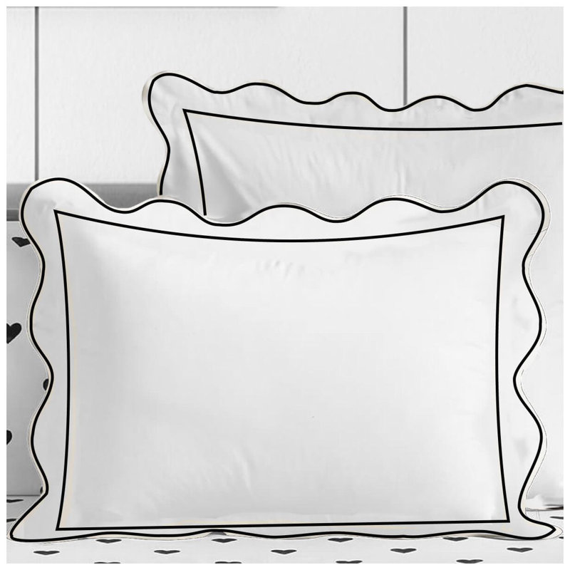 400TC Cotton Scallop Embroidery & Border Sateen Solid Duvet Cover Set, California King/King Duvet Cover, White/Black