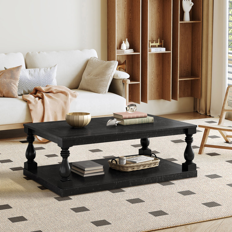 Table basse luxueuse en bois massif 45,2 po avec tablette inférieure, Noir