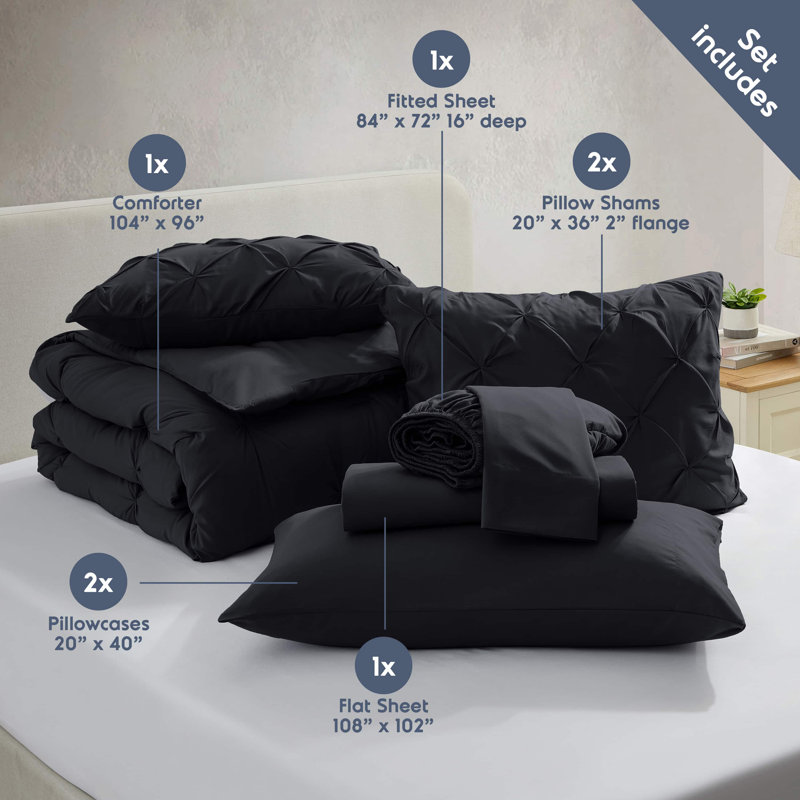 Bed-in-A-Bag Pleated Comforter Set with Bed Sheets, California King Comforter + 6 Additional Pieces, Black