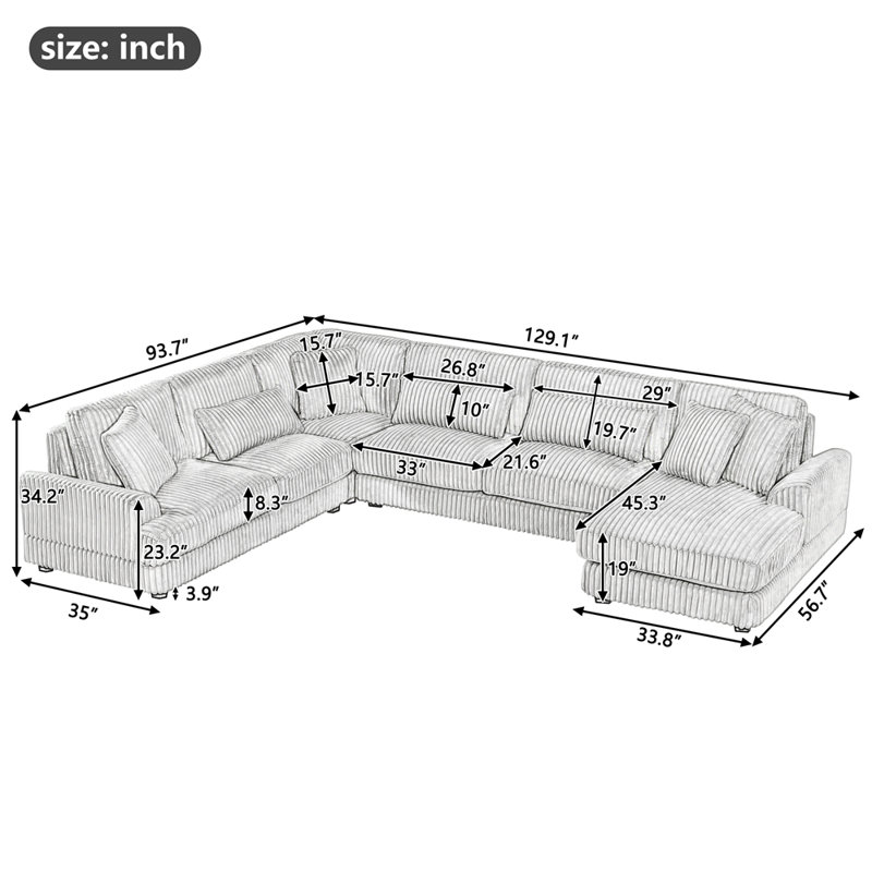 Canapé modulaire surdimensionné de 129 po en forme de U Canapé contemporain rembourré en velours côtelé doux avec méridienne