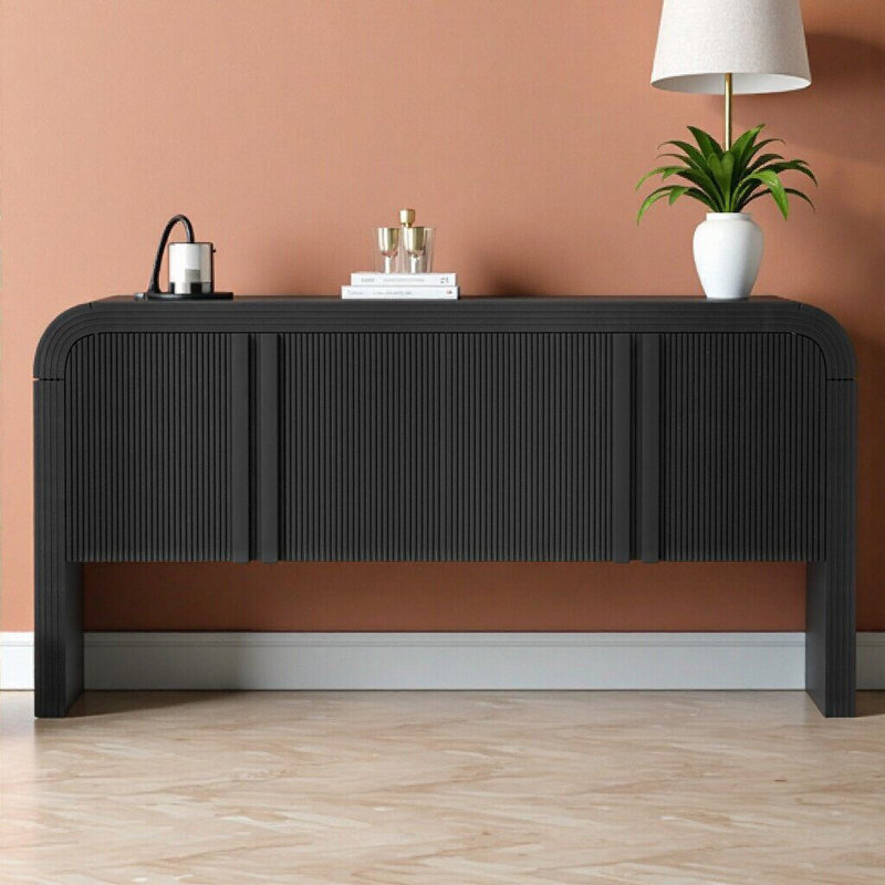 Console à motif de vagues avec 4 portes, tablette réglable, mobilier d'entrée rustique, Noir