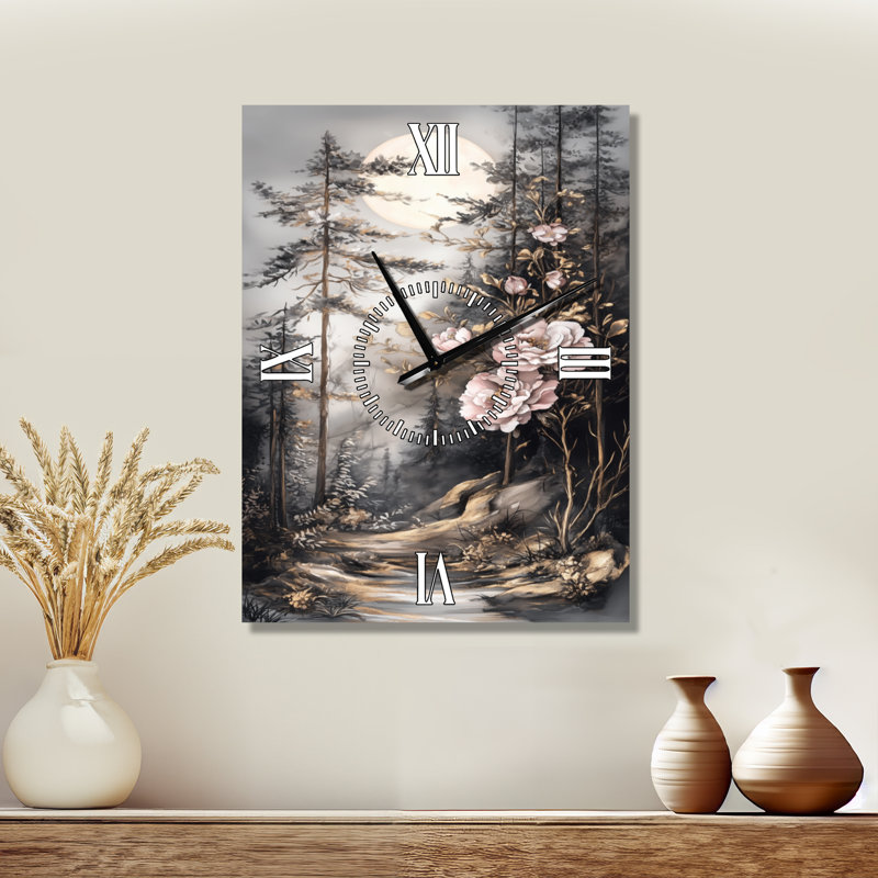 Horloge murale silencieuse en métal « Pins givrés et clair de lune II », H 32 po x l 24 po - Rectangle