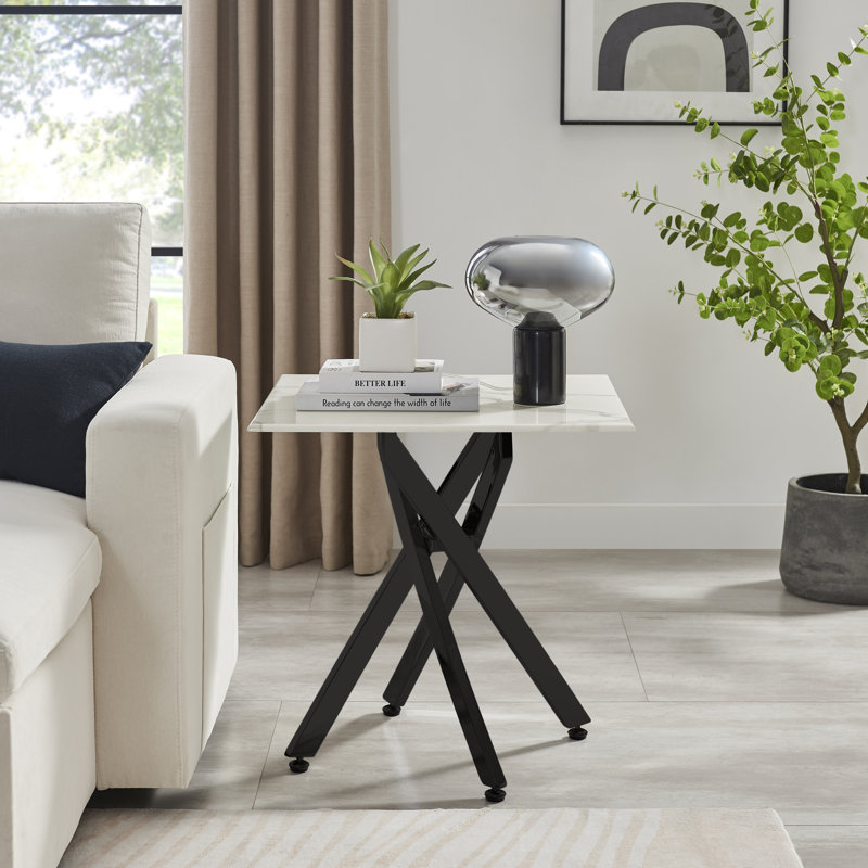 Atal Marble Effect Sofa Side Table - Glass Topped Metal Leg Small Table, Black Powder Coated Metal, White Marble Effect
