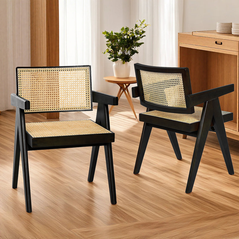 Solid  Retro Wood Rattan Dining Chairs Reinforced Seat (Set of 2), Black