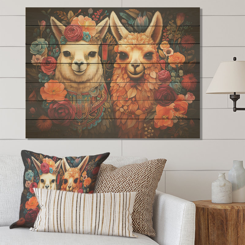 Portrait floral d'alpagas orange moelleux - Alpaga sur bois, H 10 po x l 20 po
